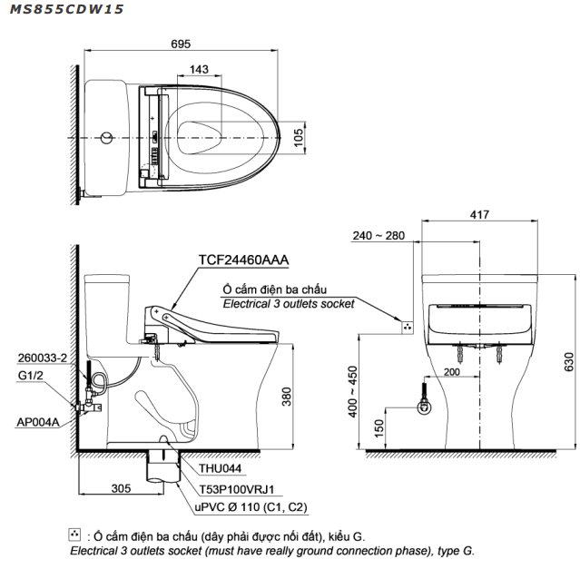 Bản vẽ Bồn cầu 1 khối Toto MS855CDW15 nắp rửa C5 - TCF24460AAA