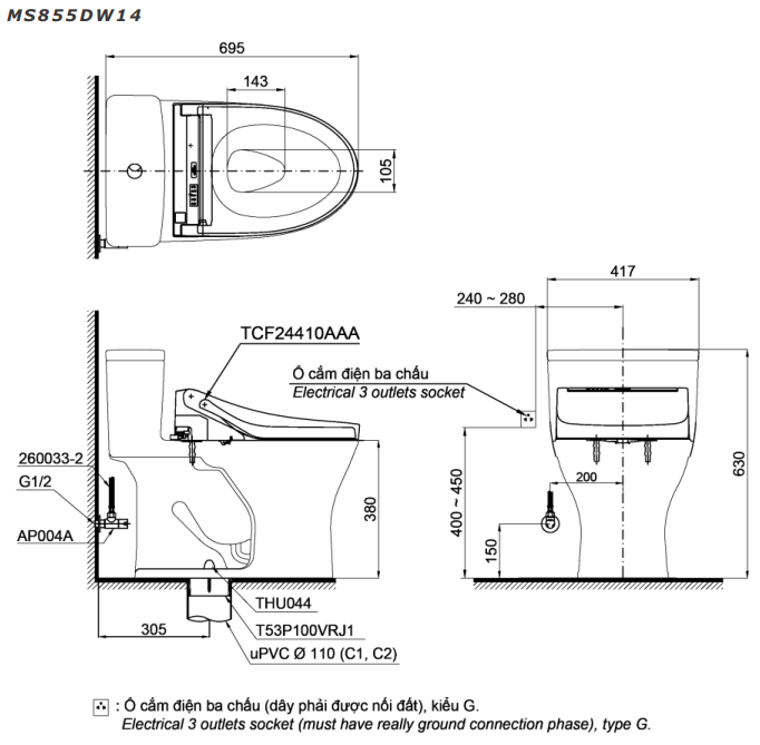 Bản vẽ kỹ thuật Bồn cầu 1 khối TOTO MS855DW14 nắp rửa C5 - TCF24410AAA