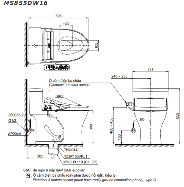 Bản vẽ kỹ thuật Bồn cầu 1 khối TOTO MS855DW16 nắp rửa C2 - TCF23410AAA