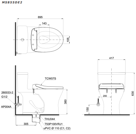 Bản vẽ Bồn cầu 1 khối TOTO MS855DE2 nắp rửa TCW07S