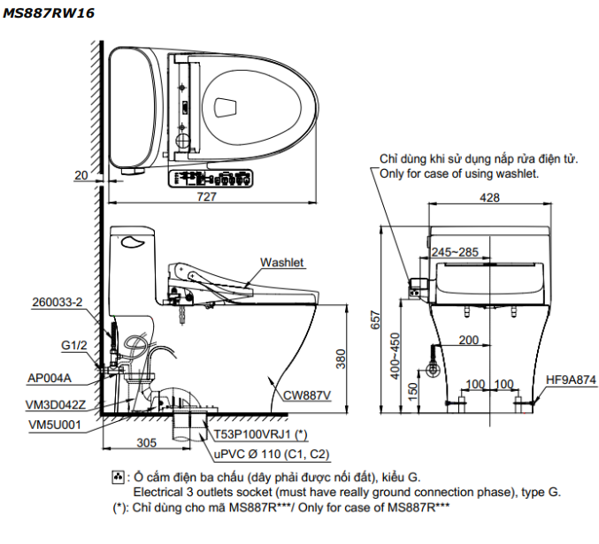 Bản vẽ kỹ thuật Bồn cầu 1 khối Toto MS887RW16 nắp rửa C2 - TCF23410AAA