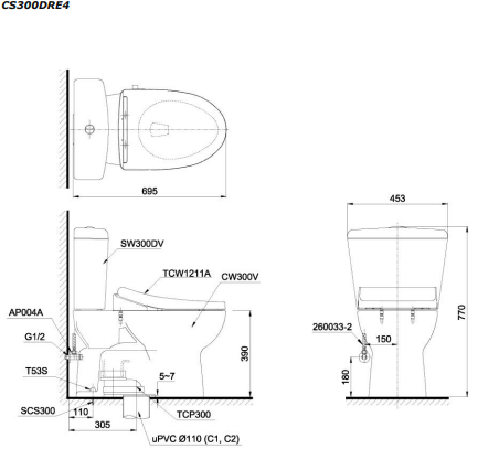 Bản vẽ kỹ thuật Bồn cầu 2 khối Toto CS300DRE2 nắp rửa TCW07S