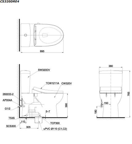 Bản vẽ kỹ thuật Bồn cầu 2 khối Toto CS300DRE4 nắp rửa TCW1211A