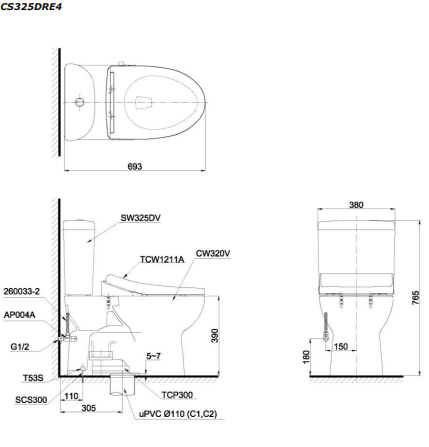 Bản vẽ kỹ thuật Bồn cầu 2 khối Toto CS325DRE4 nắp rửa TCW1211A