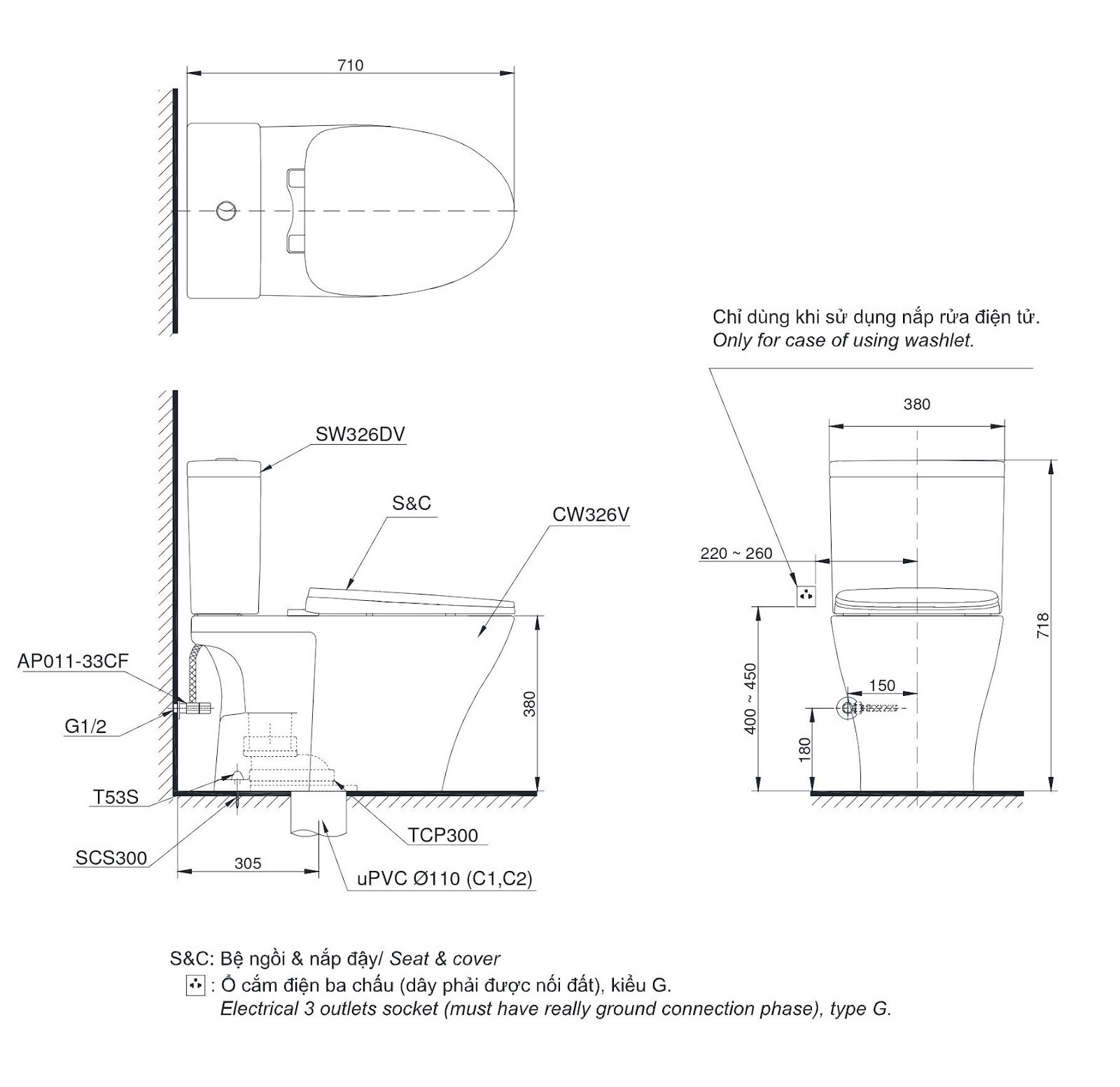 Bản vẽ Bồn cầu 2 khối TOTO CS326DW14#XW nắp rửa C5 - TCF24410AAA