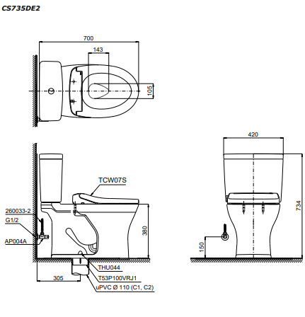 Bản vẽ kỹ thuật Bồn cầu 2 khối TOTO CS735DE2 nắp rửa TCW07S