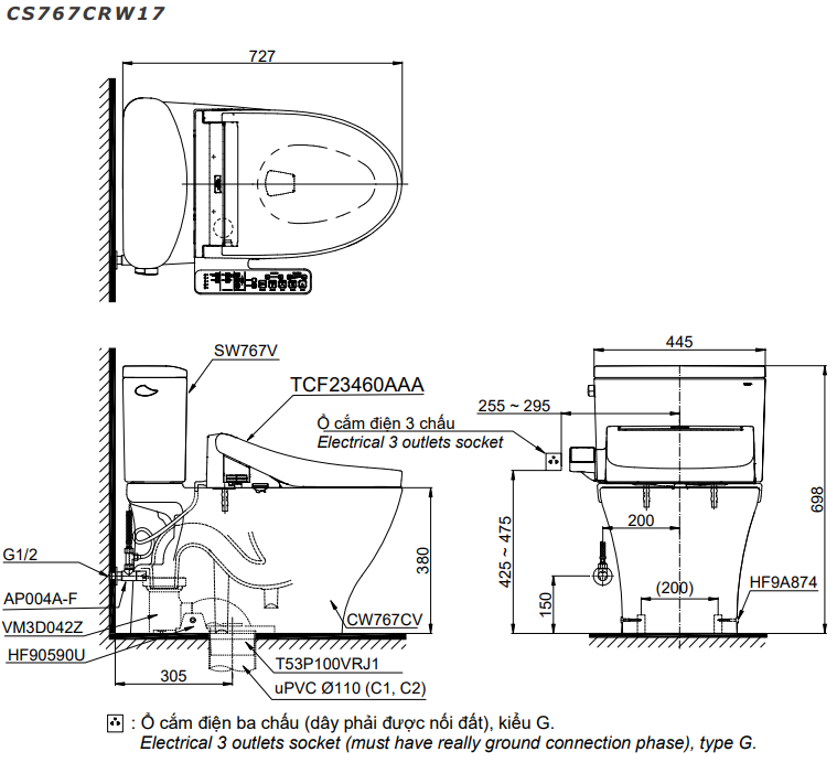Bản vẽ kỹ thuật Bồn cầu 2 khối Toto CS767CRW17 nắp rửa C2 - TCF23460AAA