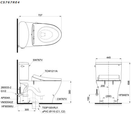 Bản vẽ kỹ thuật Bồn cầu 2 khối Toto CS767RE4 nắp rửa TCW1211A