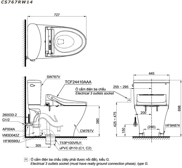 Bản vẽ Bồn cầu 2 khối Toto CS767RW14 nắp rửa C5 - TCF24410AAA