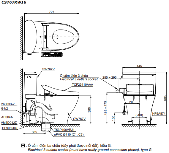 Bản vẽ kỹ thuật Bồn cầu 2 khối Toto CS767RW16 nắp rửa C2 - TCF23410AAA