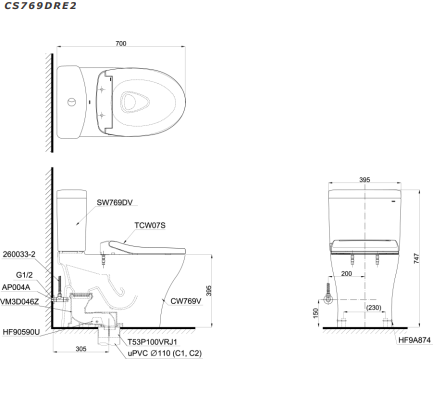 Bản vẽ kỹ thuật Bồn cầu 2 khối TOTO CS769DRE2 nắp rửa TCW07S