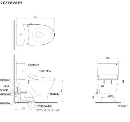 Bản vẽ kỹ thuật Bồn cầu 2 khối Toto CS769DRE4 nắp rửa TCW1211A