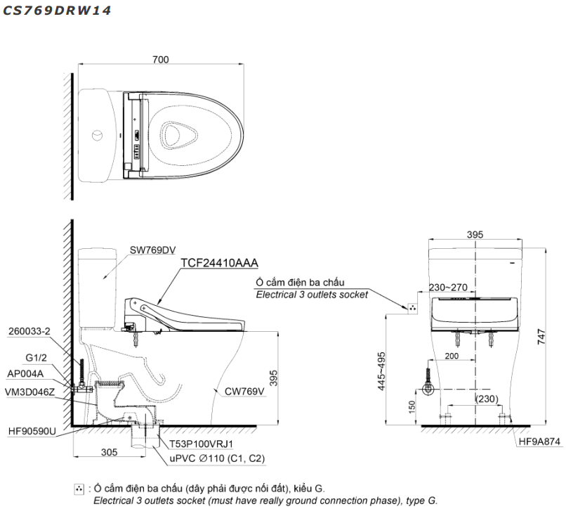 Bản vẽ Bồn cầu 2 khối Toto CS769DRW14 nắp rửa C5 - TCF24410AAA