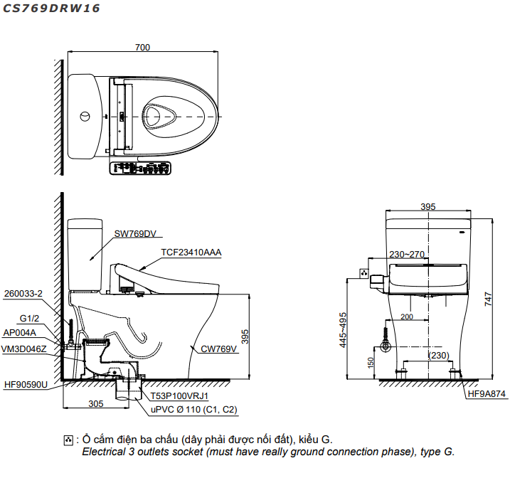 Bản vẽ Bồn cầu 2 khối Toto CS769DRW16 nắp rửa C2 - TCF23410AAA