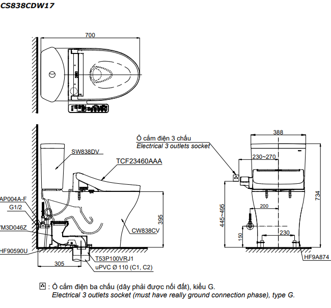 Bản vẽ kỹ thuật Bồn cầu 2 khối Toto CS838CDW17 nắp rửa C2 - TCF23460AAA