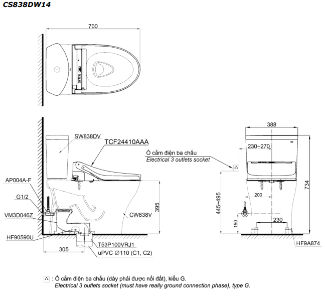 Bản vẽ Bồn cầu 2 khối Toto CS838DW14 nắp rửa C5 - TCF24410AAA