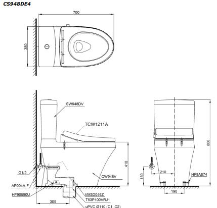 Bản vẽ kỹ thuật Bồn cầu 2 khối Toto CS948DE4 nắp rửa TCW1211A