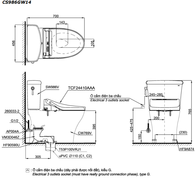 Bản vẽ Bồn cầu 2 khối Toto CS948DW14 nắp rửa C5 - TCF24410AAA