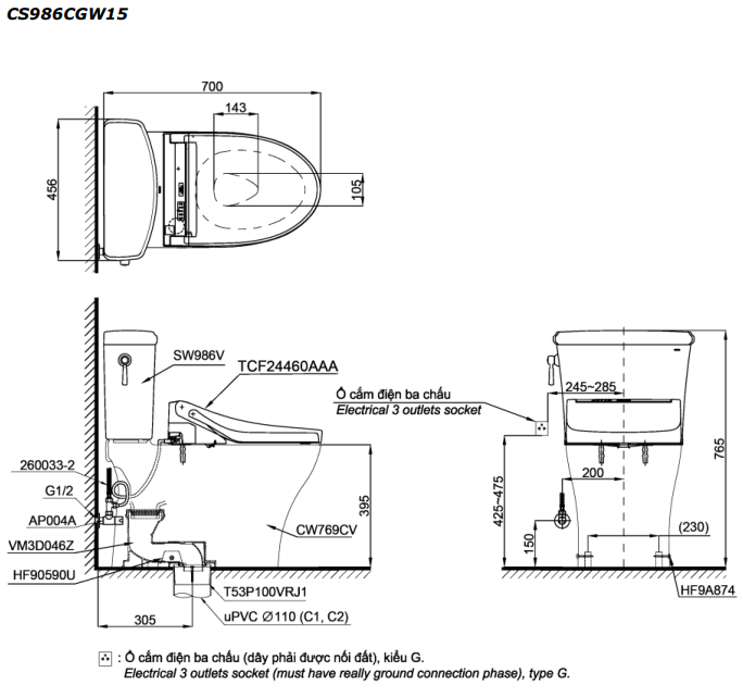 Bản vẽ Bồn cầu 2 khối Toto CS986CGW15 nắp rửa C5 - TCF24460AAA