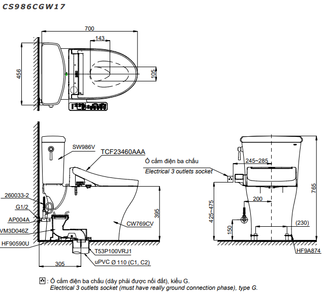 Bồn cầu 2 khối Toto CS986CGW17 nắp rửa C2 - TCF23460AAA