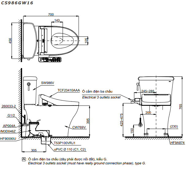 Bản vẽ kỹ thuật bồn cầu 2 khối Toto CS986GW16 nắp rửa C2 - TCF23410AAA