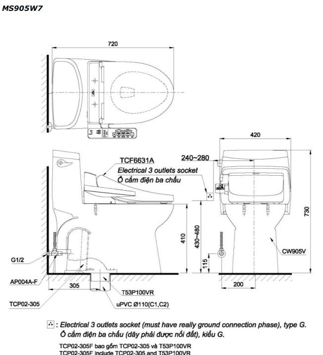 Bản vẽ kỹ thuật Bồn cầu 1 khối Toto MS905W7 nắp rửa C2 - TCF23410AAA