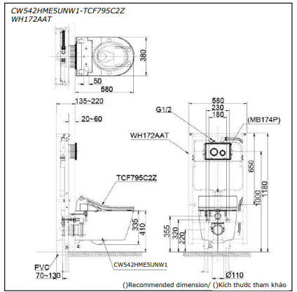 Bản vẽ kỹ thuật Bồn cầu treo tường Toto CW542HME5UNW1 nắp rửa điện tử TCF795C2Z#NW1 WH172AAT