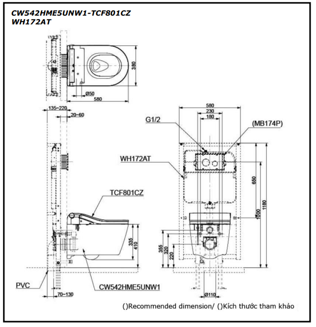 Bản vẽ kỹ thuật Bồn cầu treo tường Toto CW542HME5UNW1 nắp rửa điện tử TCF801CZ#NW1 WH172AT