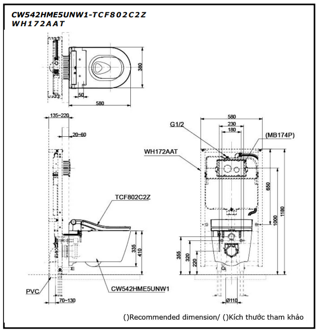 Bản vẽ kỹ thuật Bồn cầu treo tường Toto CW542HME5UNW1 nắp rửa điện tử TCF802C2Z#NW1 WH172AAT