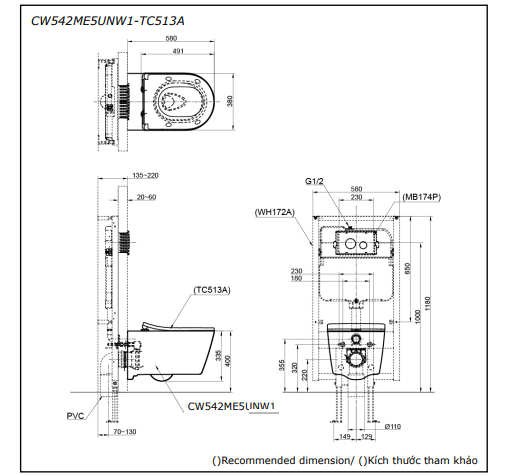 Bồn cầu treo tường TOTO CW542HME5UNW1 TC513A
