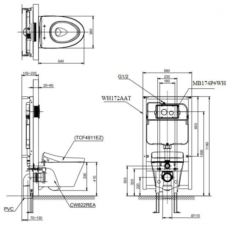 Bản vẽ kỹ thuật Bồn cầu treo tường Toto CW822REA nắp rửa điện tử TCF4911EZ WH172AAT