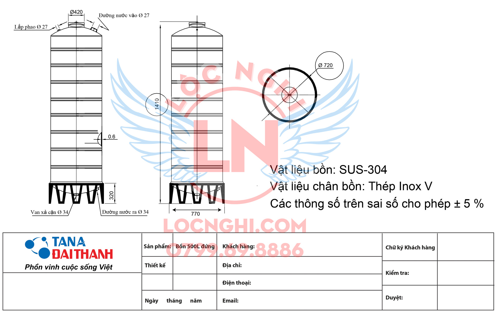 Bản vẽ kỹ thuật Bồn nước Inox 500 lít đứng Đại Thành I304 (500l)