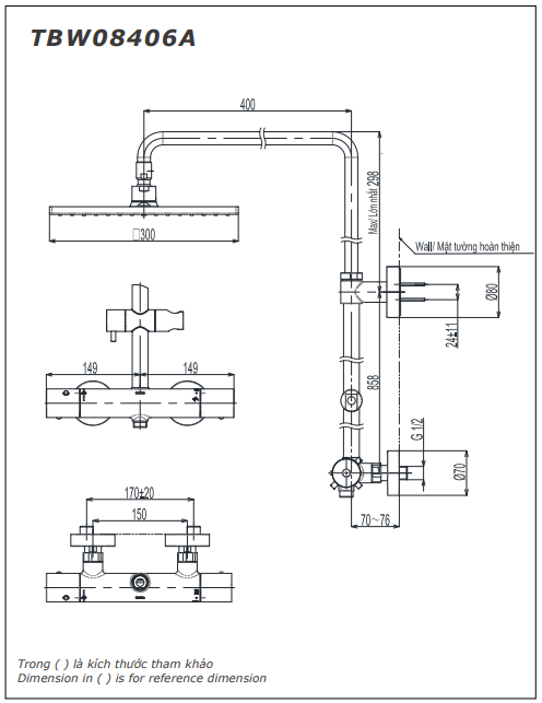 Bản vẽ kỹ thuật Cây sen tắm TOTO TBW08406A nóng lạnh: