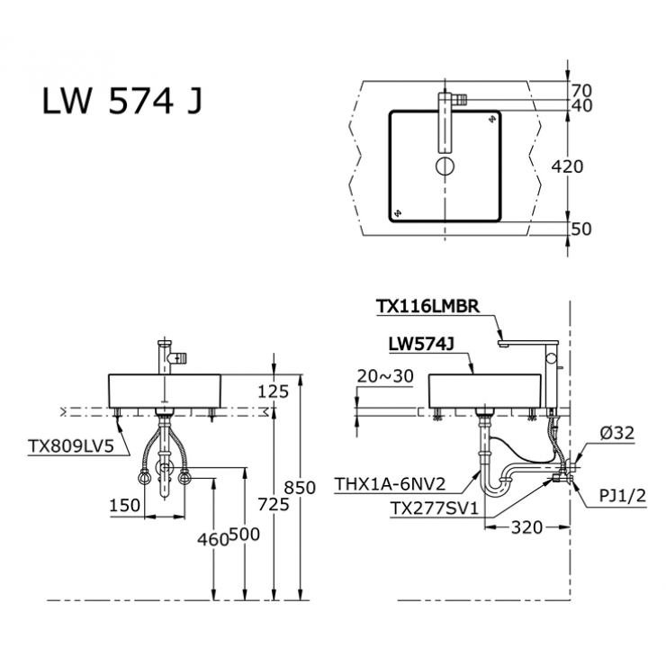 Bản vẽ kỹ thuật Lavabo chậu rửa mặt TOTO LW574JW đặt bàn