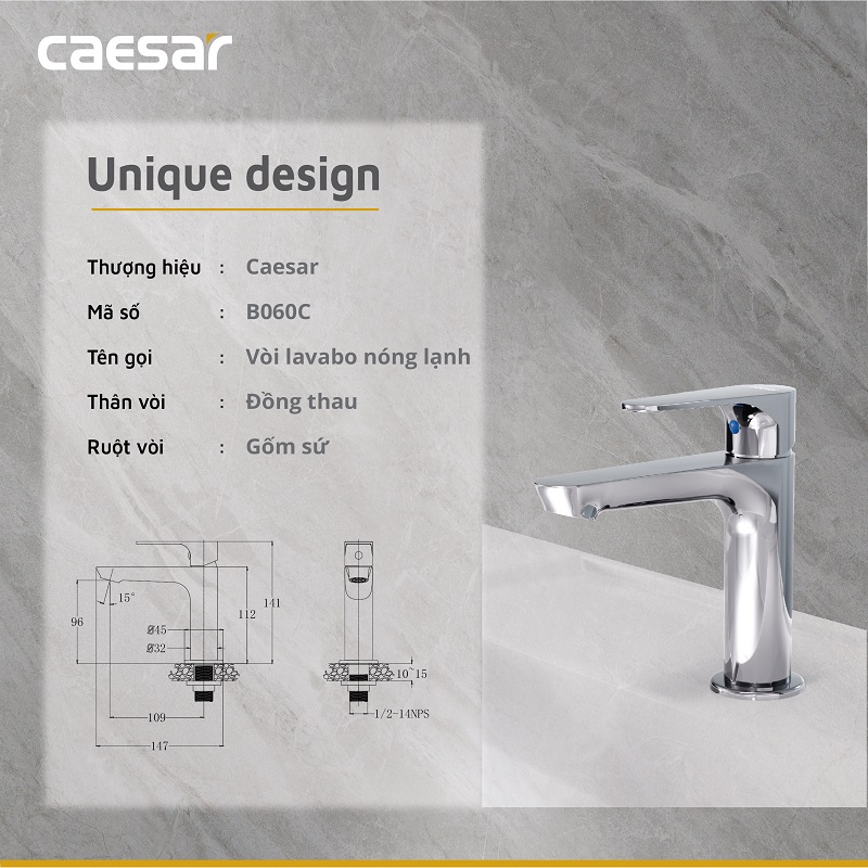 Vòi lavabo chậu rửa mặt Caesar B060CU nước lạnh kèm nút xả nhấn