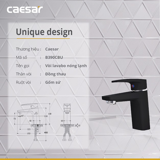 BẢn vẽ kỹ thuật Vòi lavabo chậu rửa mặt Caesar B390CBU nóng lạnh kèm nút xả nhấn