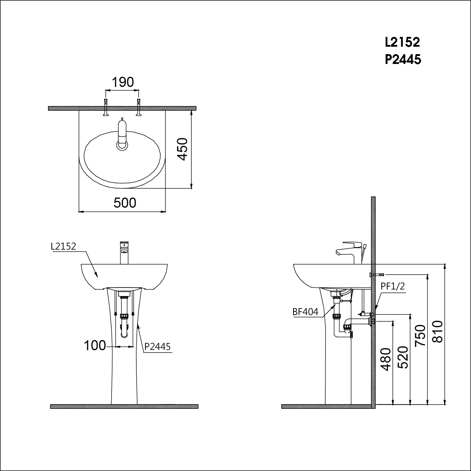 Bản vẽ kỹ thuật Lavabo chậu rửa mặt Caesar L2152 treo tường chân dài