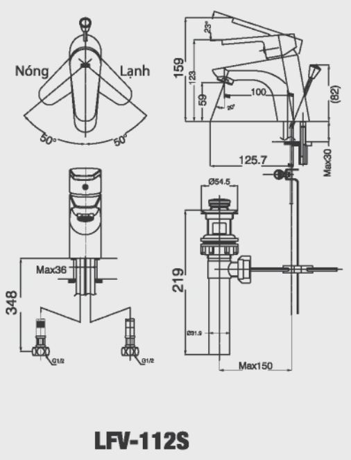 Bản vẽ kỹ thuật Vòi lavabo chậu rửa mặt Inax LFV-112S nóng lạnh gật gù (LFV112S)