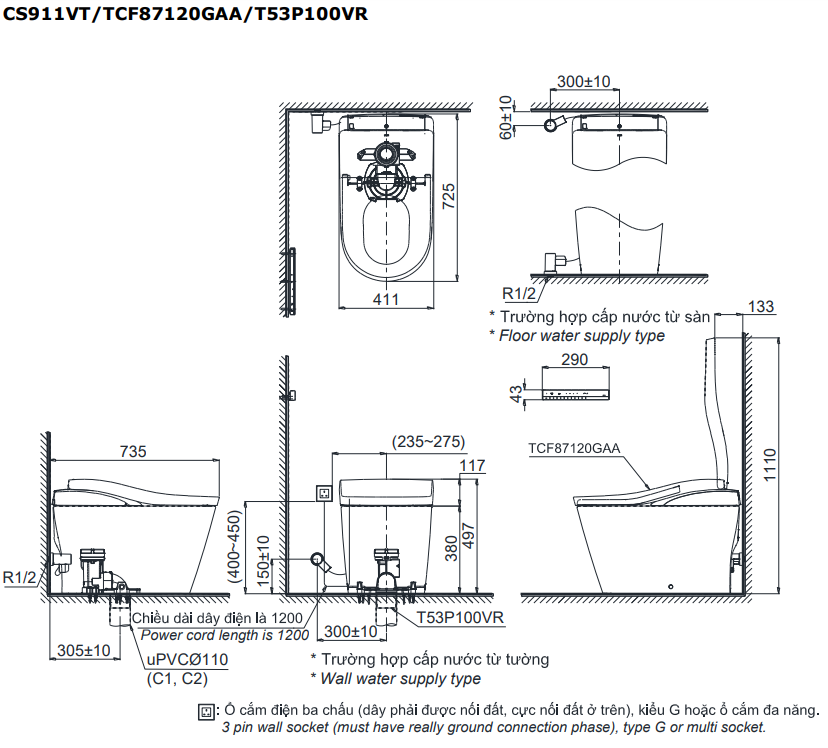 Bồn cầu điện tử Toto CS911VT#NW1/TCF87120GAA#NW1/T53P100VR NEOREST LS