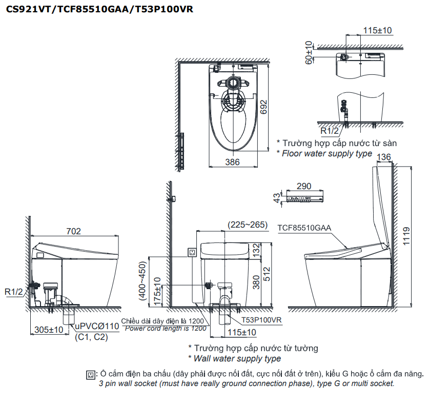 Bản vẽ kỹ thuật Bồn cầu điện tử Toto CS921VT#NW1/TCF85510GAA#NW1/T53P100VR NEOREST AS