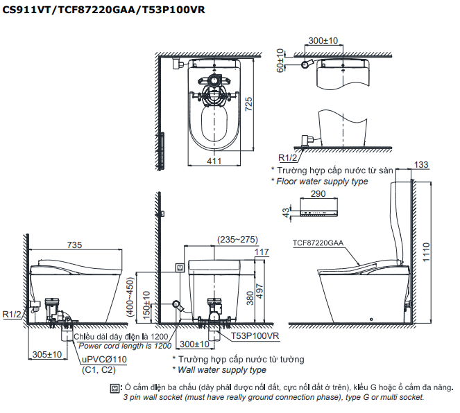 Bản vẽ kỹ thuật Bồn cầu điện tử Toto CS911VT#NW1/TCF87220GAA#NW1/T53P100VR NEOREST LS