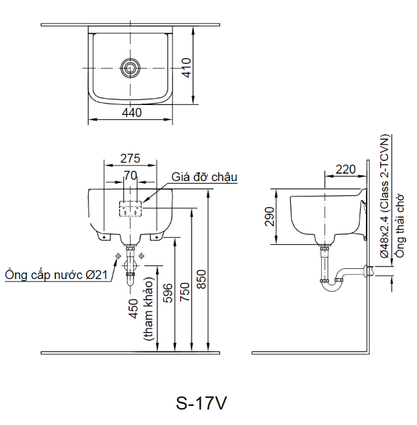 Bản vẽ kỹ thuật Lavabo chậu rửa mặt Inax S-17V treo tường (S17V)