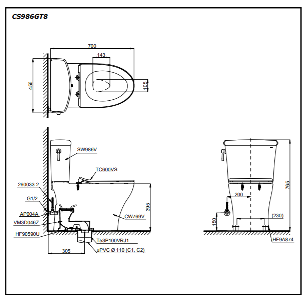 Bản vẽ thiết kế Bồn cầu 2 khối Toto CS986GT9#XW nắp êm sứ chống bám bẩn