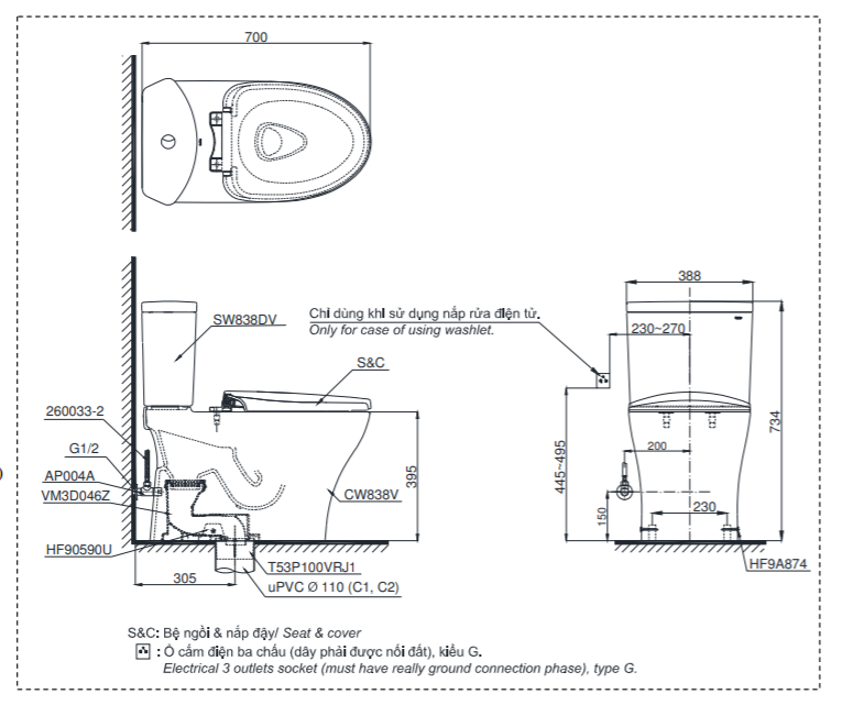 Bản vẽ thiết kế Bồn cầu 2 khối Toto CS838DT10#XW nắp êm