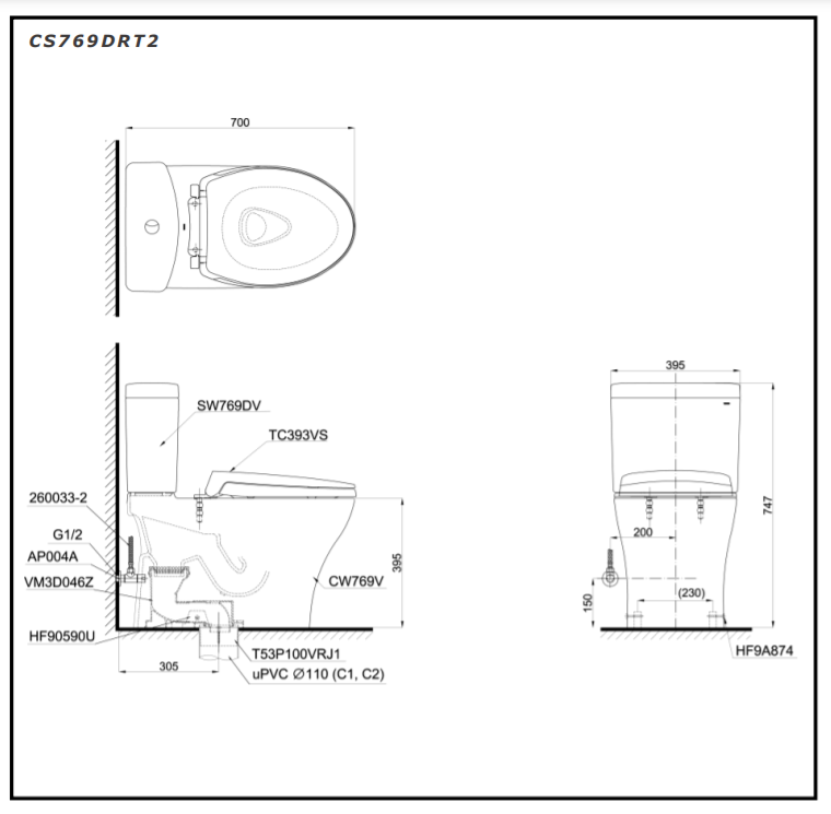 Bản vẽ thiết kế Bồn cầu 2 khối Toto CS769DRT10#XW nắp êm