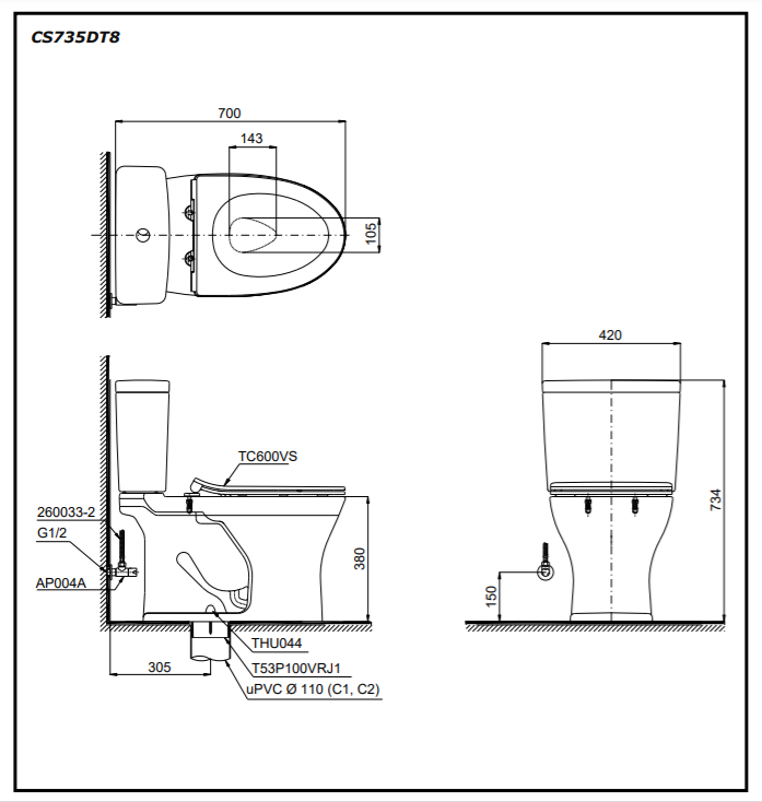 Bản vẽ thiết kế Bồn cầu 2 khối Toto CS735DT3#XW nắp êm men sứ chống bám bẩn