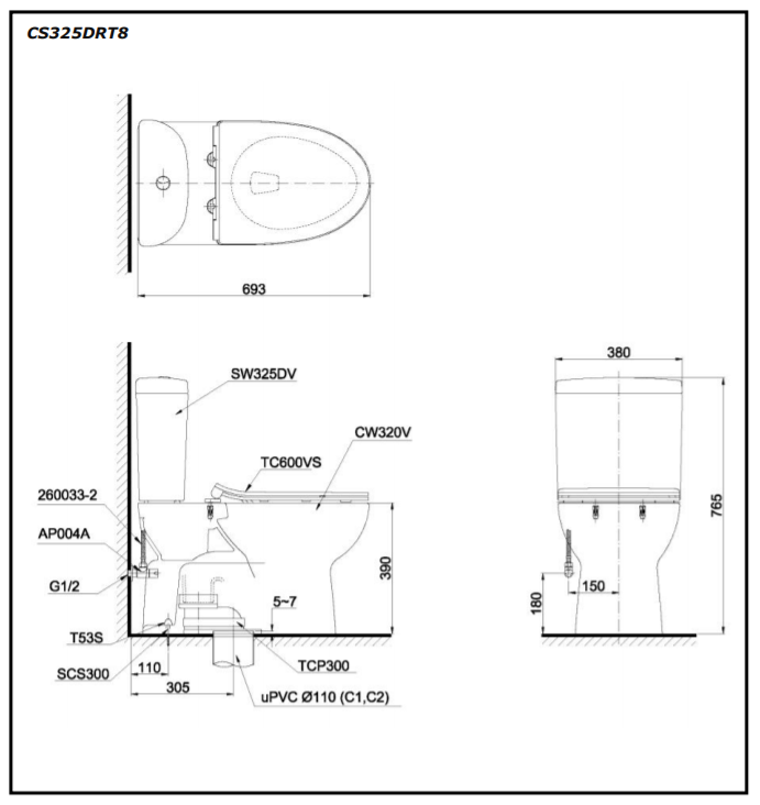 Bản vẽ thiết kế Bồn cầu 2 khối Toto CS325DRT3#W nắp êm