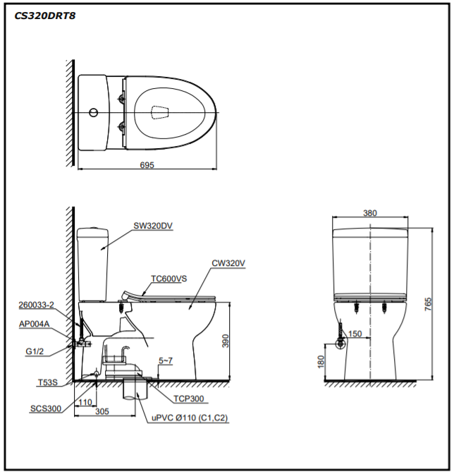 Bản vẽ thiết kế Bồn cầu 2 khối Toto CS320DRT3#W nắp êm