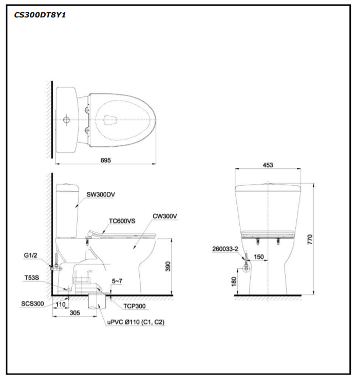 Bản vẽ thiết kế Bồn cầu 2 khối Toto CS300DRT3#W nắp êm