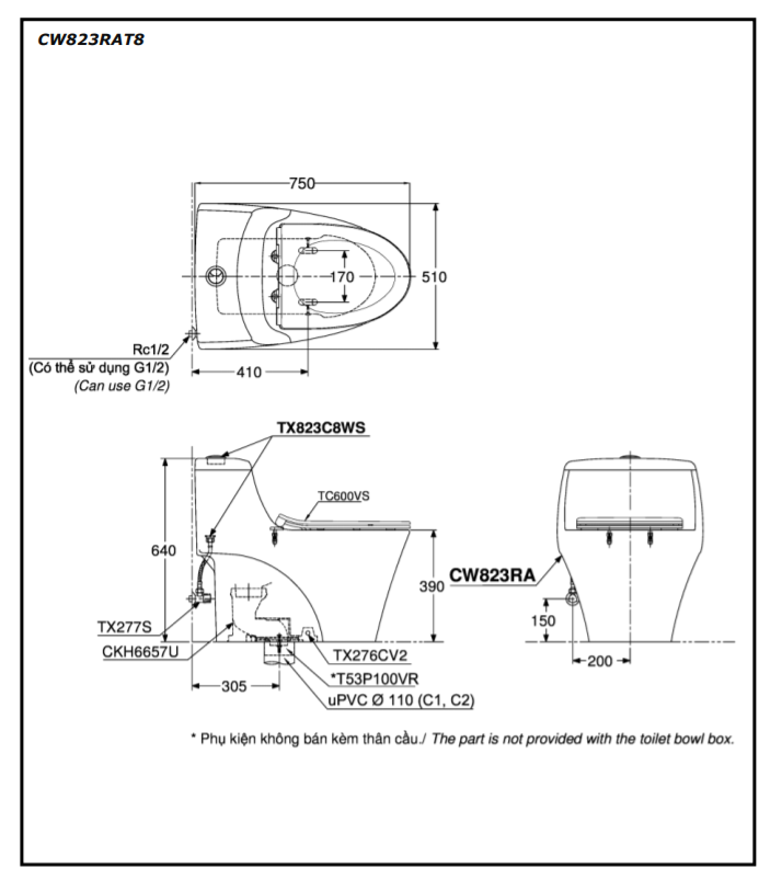 Bồn cầu 1 khối Toto CW823RAT2#W nắp êm